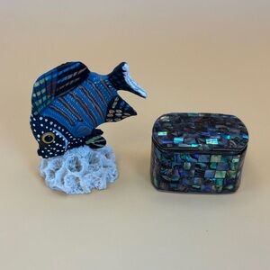 Colorful Wooden Hand Painted Fish Figurine and Abalone Shell Box